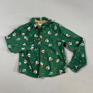 Stitch & Stone Christmas Shirt Kids 6 Green Festive Holiday Print Button Up